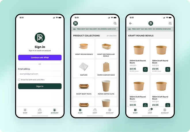 Three Reborn Packaging ecommerce app screens on a mint background